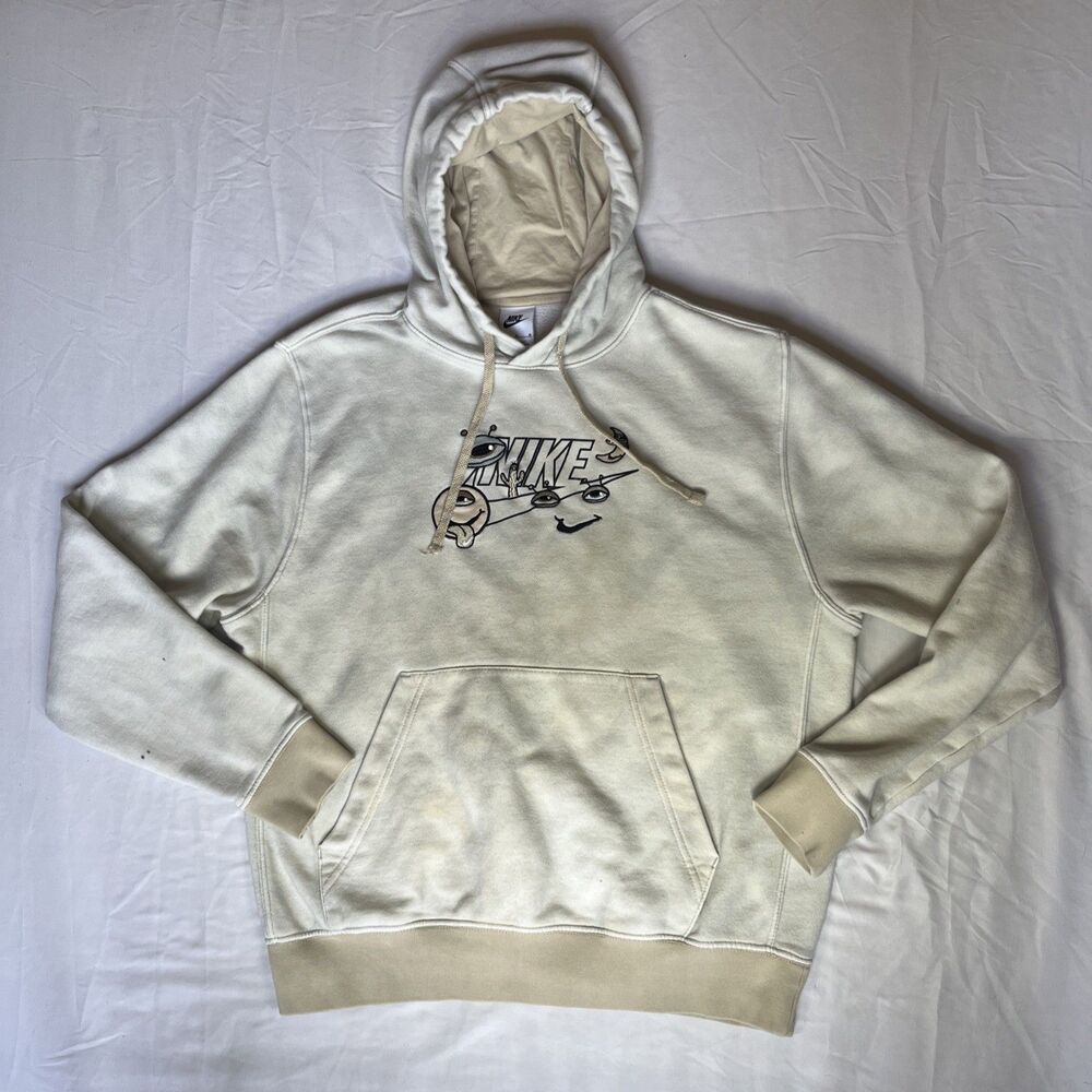 Nike Club Space Alien Tie Dye Hoodie Mens M Beige Cream Embroidered Graphic